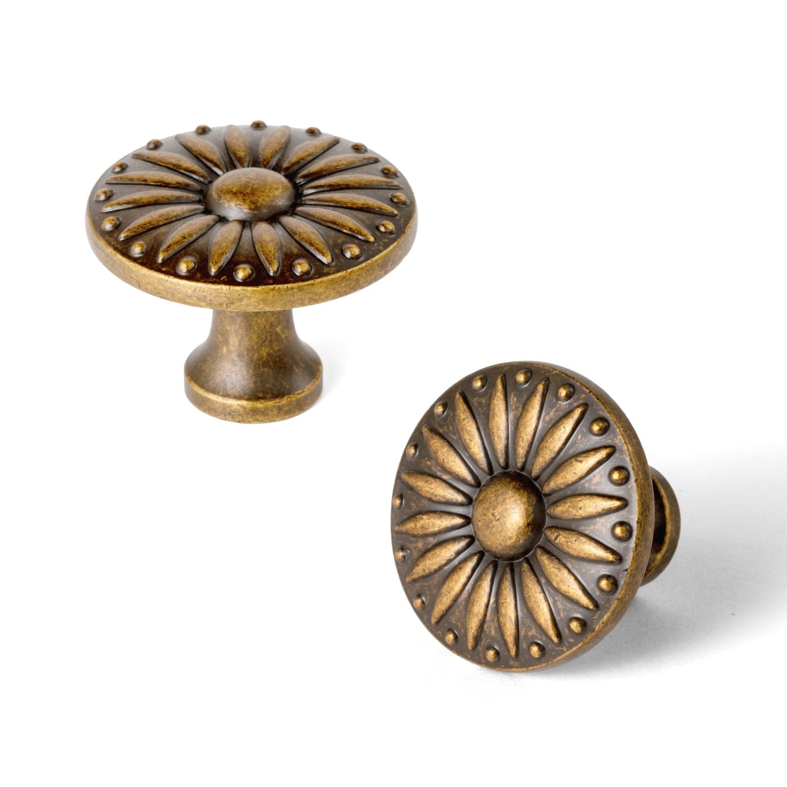 Goo-Ki Antique Brass / Knob / 6 Pack Sunflower Floral Embossed Cabinet Knobs Assorted Distressed Zinc Alloy Furniture Hardware