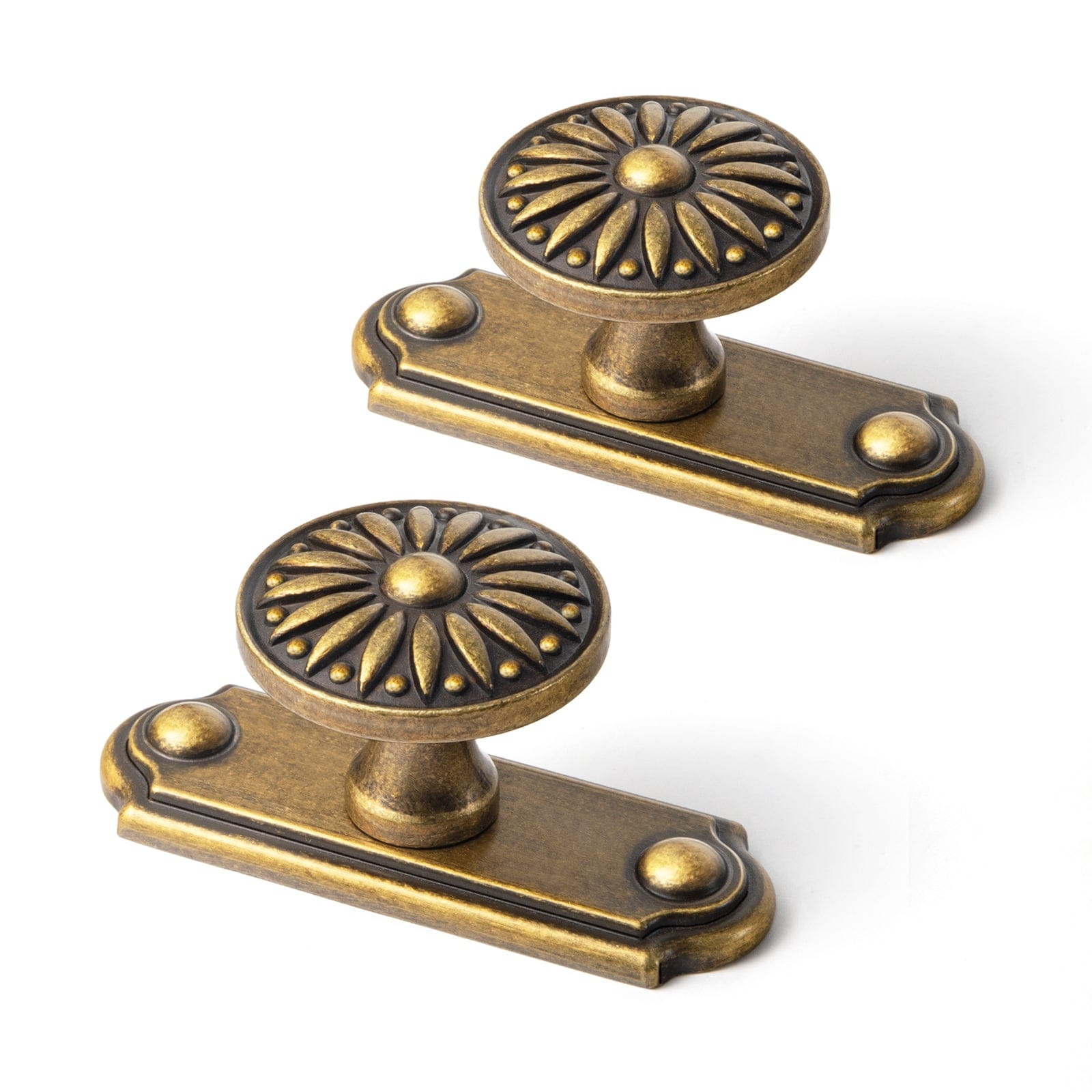 Goo-Ki Antique Brass / Knob with Back Plate C / 2 Pack Vintage Sunburst Cabinet Knobs Ornate Floral Design with Distressed Finish Kitchen Drawer Knobs