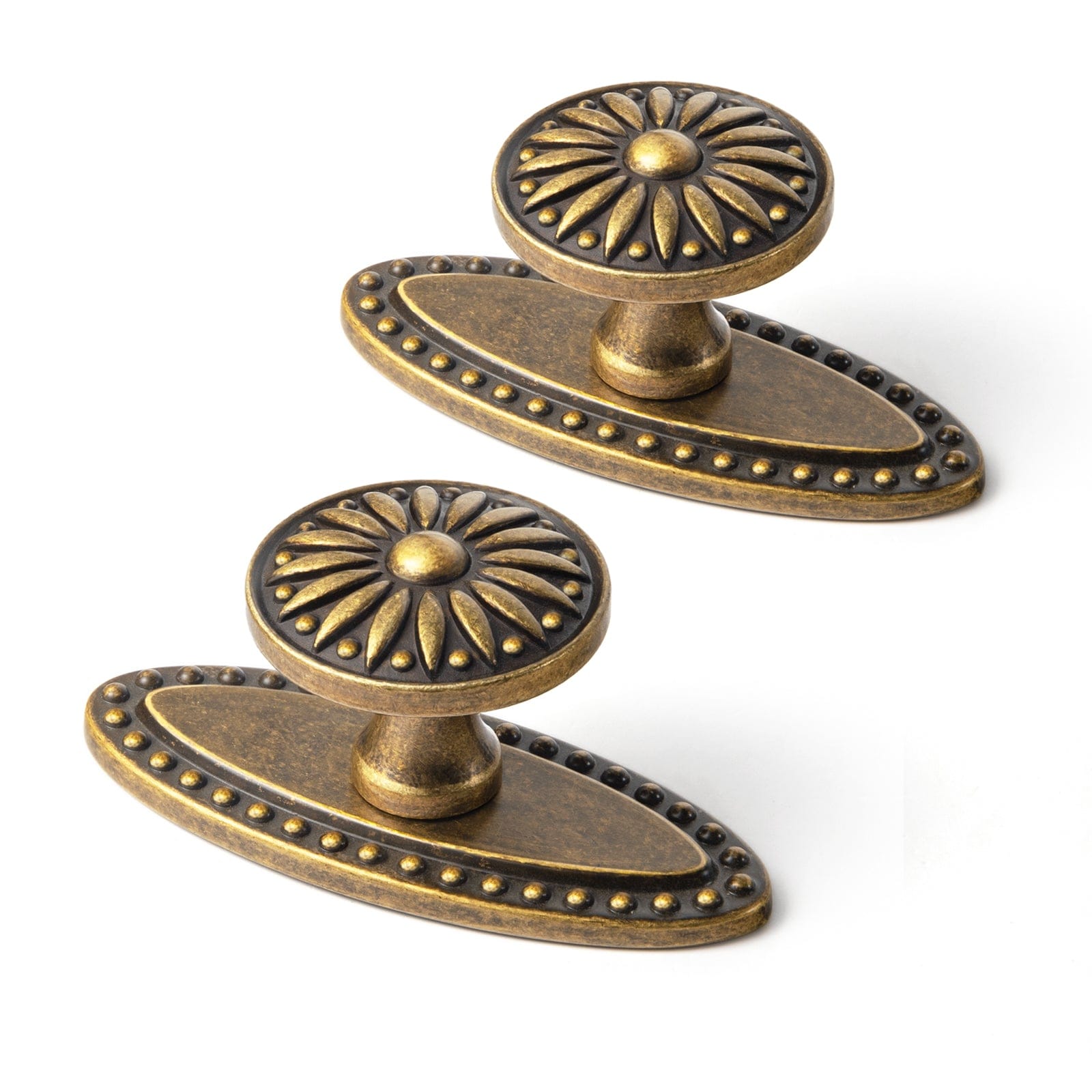 Goo-Ki Antique Brass / Knob with Back Plate D / 2 Pack Vintage Sunburst Cabinet Knobs Ornate Floral Design with Distressed Finish Kitchen Drawer Knobs