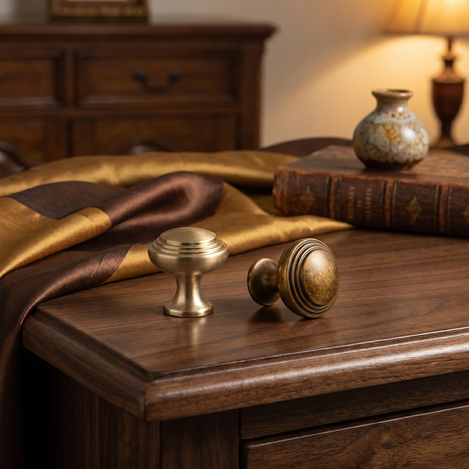 Goo-Ki Antique Brass Ribbed Mushroom Cabinet Knob Zinc Alloy Vintage Round Drawer Knob, Farmhouse Traditional Furniture Hardware