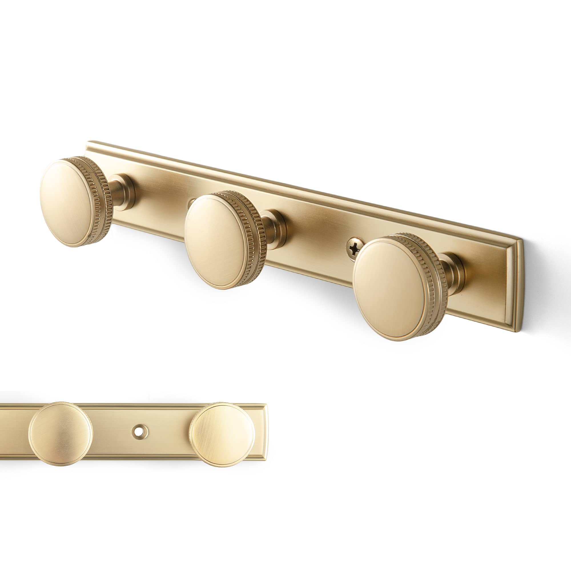 Goo-Ki Champagne Bronze / H011 / 3 Vintage Zinc Alloy Coat Hook Rail with Knurled Round Knobs, Wall-Mounted Hanger Rack for Entryway, Bathroom & Closet