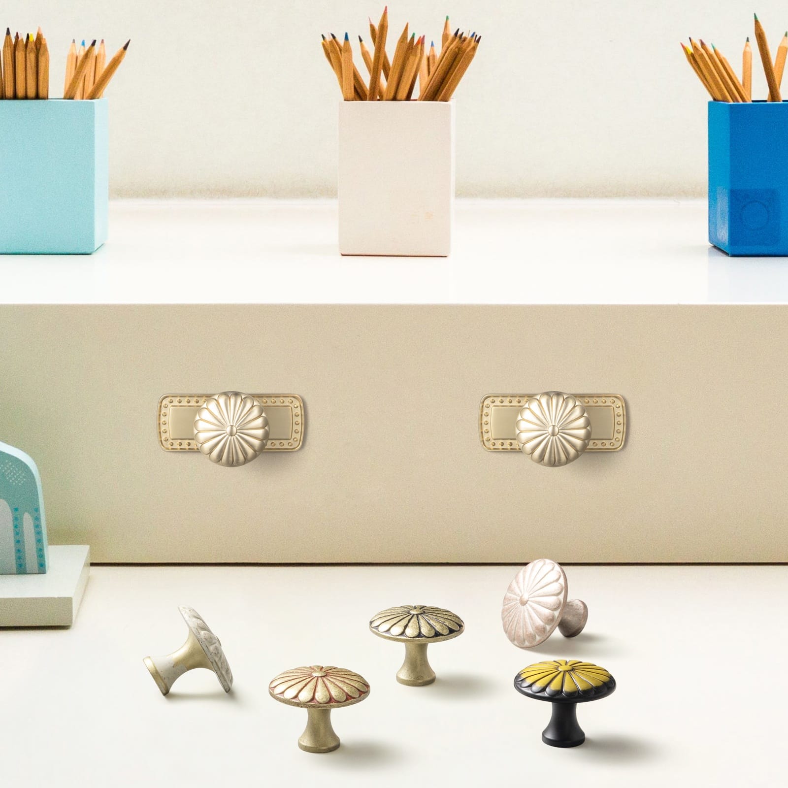 Goo-Ki Chrysanthemum Pattern Embossed Cabinet Knobs Distressed Zinc Alloy Furniture Hardware