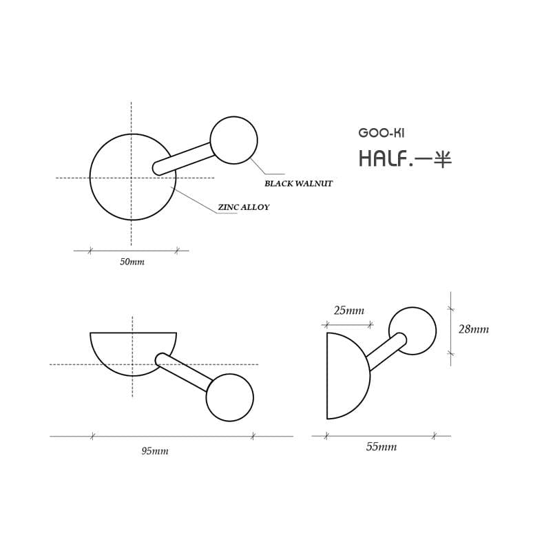 Goo-Ki Multifunctional Semicircle Black Walnut Coat Hook & Cabinet Hardware