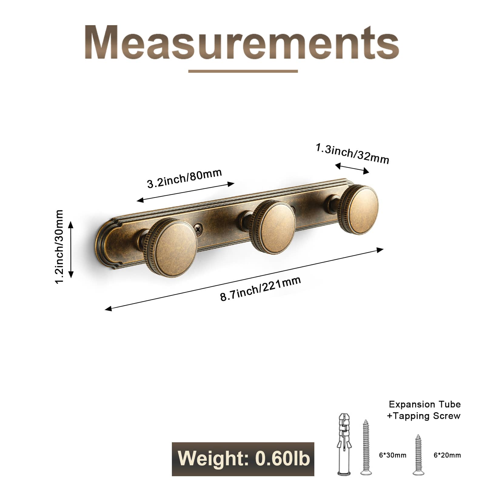 Goo-Ki Vintage Zinc Alloy Coat Hook Rail with Knurled Round Knobs, Wall-Mounted Hanger Rack for Entryway, Bathroom & Closet