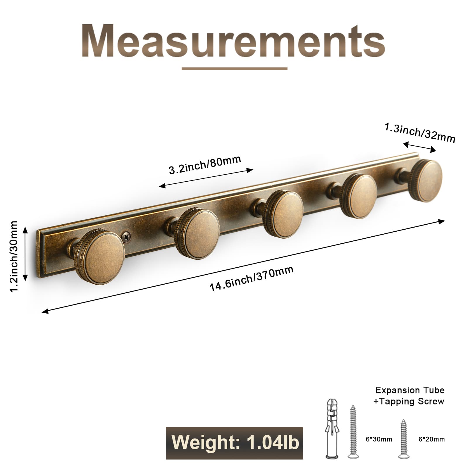 Goo-Ki Vintage Zinc Alloy Coat Hook Rail with Knurled Round Knobs, Wall-Mounted Hanger Rack for Entryway, Bathroom & Closet