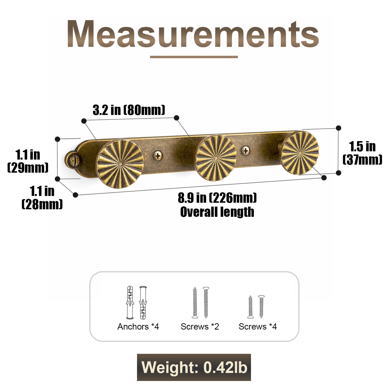 Goo-Ki Zinc Alloy Coat Hook Bar with Ornate Radiating Sunburst Knobs, Wall Mounted Robe Hanger for Entryway, Bathroom & Closet